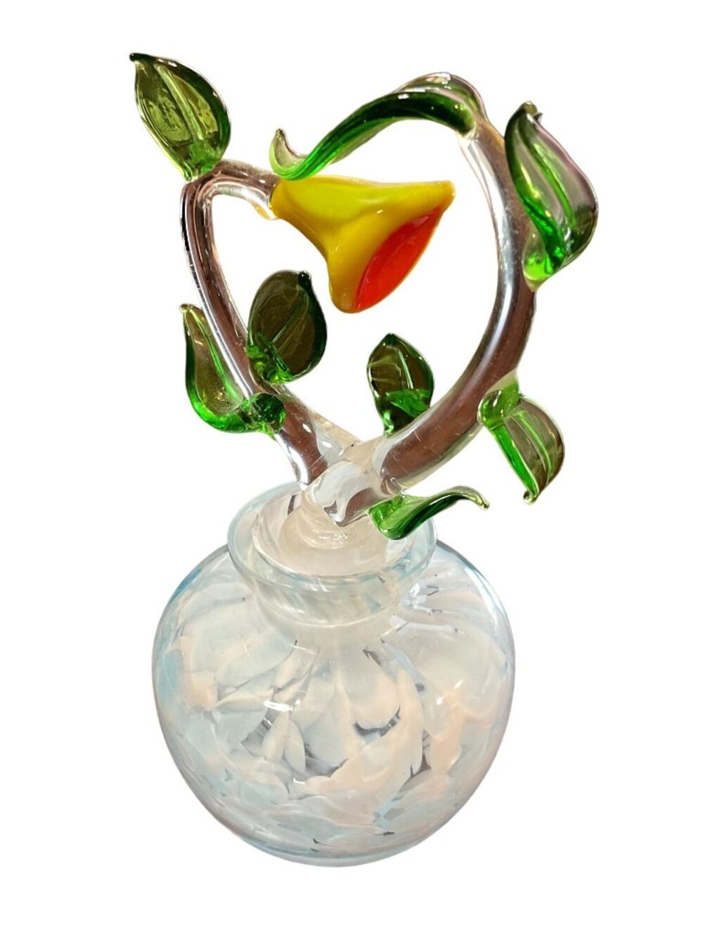 Handblown Art Glass Perfume Bottle Flower & Leaves White Swirled Bottle No Flaws